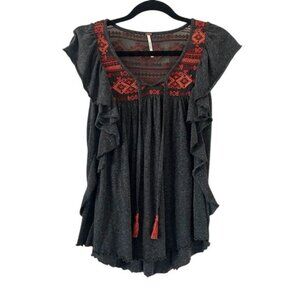 Free People Flutter Sleeve Embroidered Top